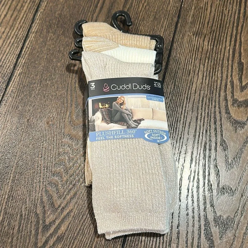 Cuddl Duds Plushfill 3-Pack Midweight Everyday Crew Socks NEW Taupe